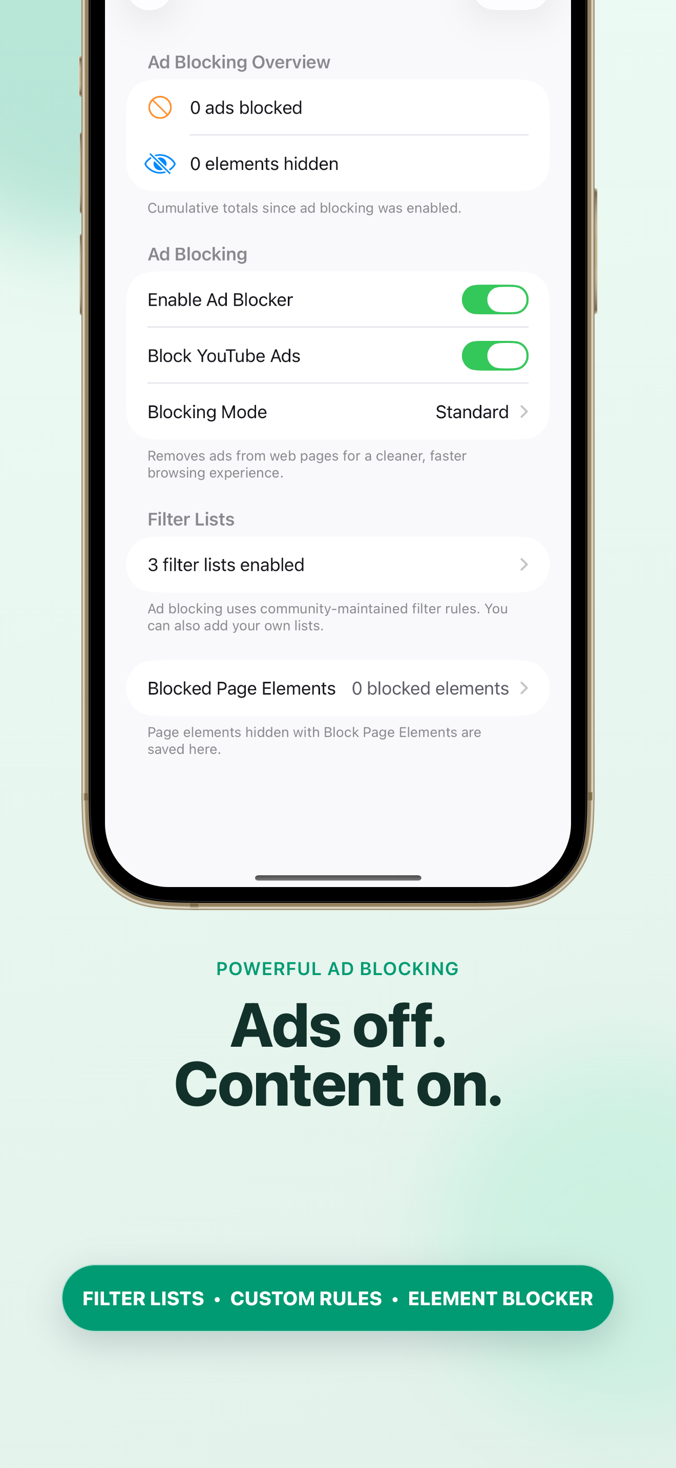 Pivit ad blocking controls with filter lists, custom rules, and element blocking